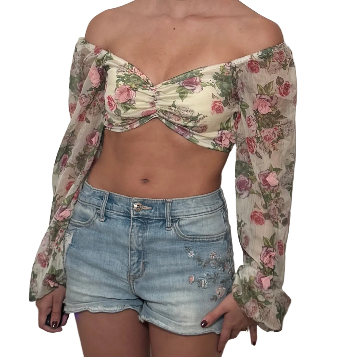 Floral Off Shoulder Balloon Sleeve Crop Top