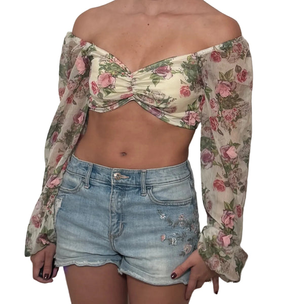 Floral Off Shoulder Balloon Sleeve Crop Top