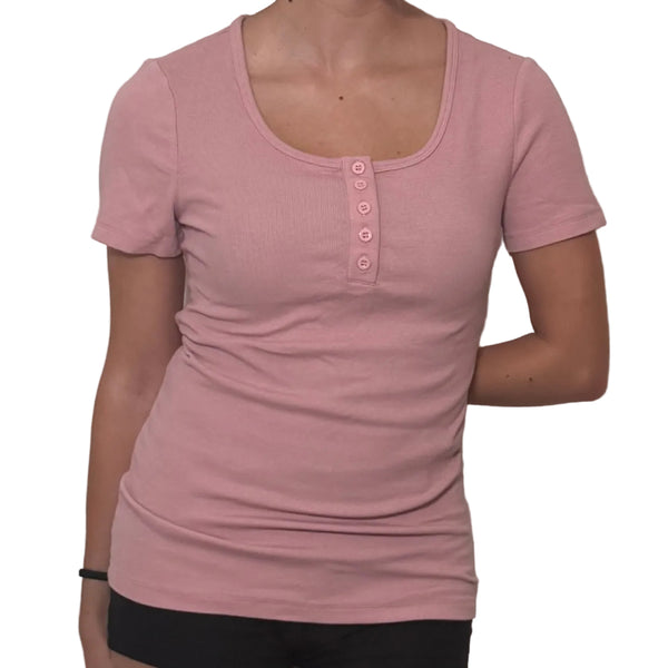 Sunbs Pink Ribbed Henley Short Sleeve Tee