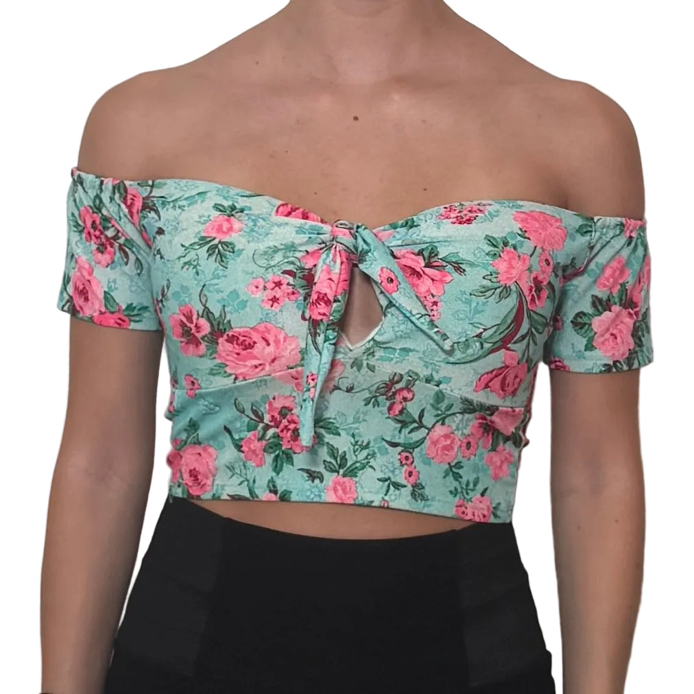 Floral Off Shoulder Tie Front Crop Top