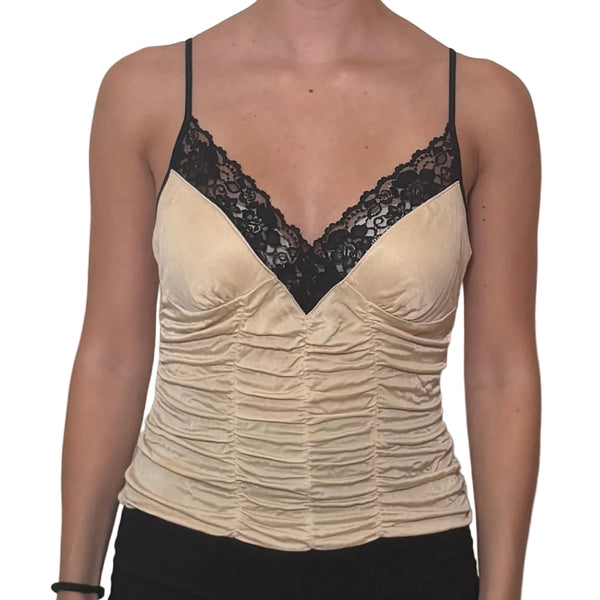 Express Cream Ruched Cami Black Lace Trim