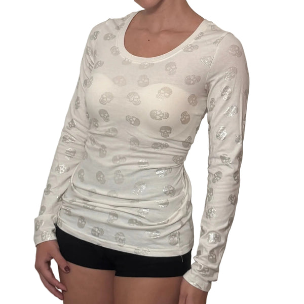 White Skull Print Long Sleeve Top