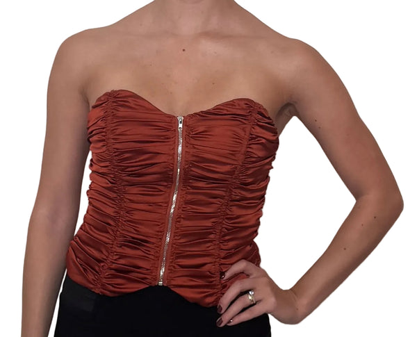 Orange Ruched Strapless Zip Front Corset Top