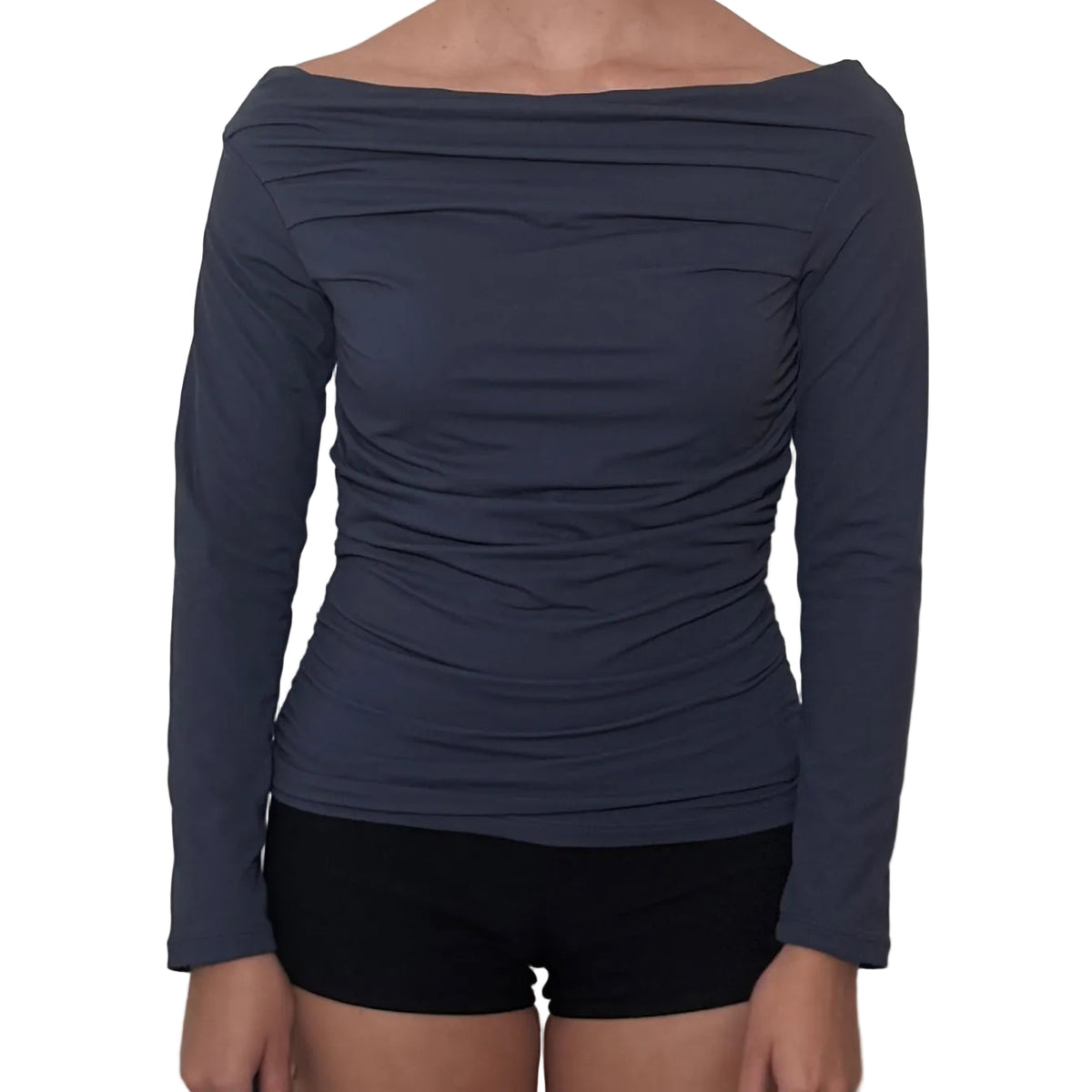 Blue Grey Off the Shoulder Ruched Long Sleeve