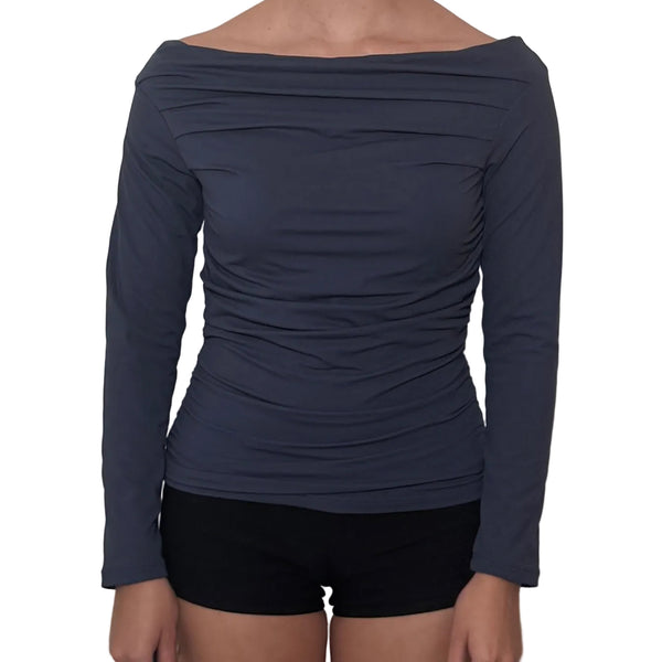 Blue Grey Off the Shoulder Ruched Long Sleeve