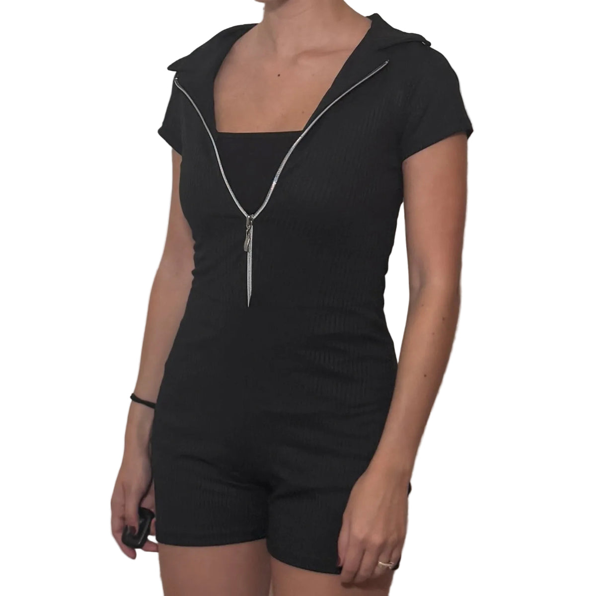 Black Zip Front Short Sleeve Romper